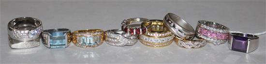 A 9ct gold and diamond gentlemans ring, 9 silver rings, variously stone-set and two gold-plated rings (12)